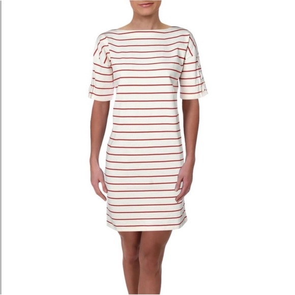 New Lauren Ralph Lauren striped shift dress red cream short sleeve size large - Picture 1 of 7